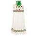 A head on shot of the completed Hanging Towel, colored in bright red, green, and white fabrics from the Snow Time collection by Moda Fabrics, isolated on a white background. 