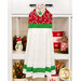 A head on shot of the completed Hanging Towel, colored in bright red, green, and white fabrics from the Snow Time collection by Moda Fabrics, hung on kitchen drawer and staged with coordinating décor.