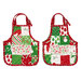 Two festive apron hot pads colored in bright red, green, and white fabrics from the Snow Time collection by Moda Fabrics, isolated on a white background. 