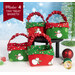 The four completed Tiny Treat Baskets, colored in bright red, green, and white fabrics from the Snow Time collection by Moda Fabrics, staged on a white surface with a snowy blue background with coordinating candy and décor.