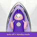 Top view of a patterned purple iron with dial, featuring standby mode + auto-off text.