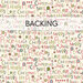 A swatch of cream fabric with a packed design of festive words in green and red. A banner at the top reads "Backing".