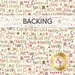 A swatch of cream fabric with a packed design of festive words in green and red. A banner at the top reads "Backing" and a golden Shabby Fabrics logo sits in the bottom right corner.