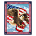 A patriotic fabric panel with a bald eagle spreading its wings in front of an American flag, surrounded by red and white stripes and stars on a navy border.