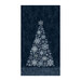 Mottled, midnight blue panel with a wintry scene of a stylized snowflake tree on an icy floor decorated with light snowflakes. 