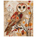 taupe fabric panel featuring a white face owl perched among delicate branches, berries, and autumn leaves in warm shades of rust, orange, gold, and beige