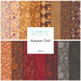 Square collage of fabrics featuring autumn florals, leaves, and owls, in hues of cream, brown, orange, red, and gray.