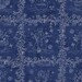 Closer shot of the mottled navy fabric with blocks of white, stylized vines and wintry motifs like snowflakes, snowmen, stars, and more.