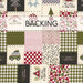 A swatch of fabric with a cream, green, red, and black patchwork square design featuring Christmas words and motifs; a transparent banner at the top reads "Backing." 