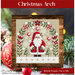 A Christmas cross stitch design with Santa beneath a floral arch, hanging ornaments, snowflakes, and evergreen trees.