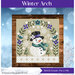 A winter cross stitch with a snowman under an arch made of blue and white flowers and greenery among snowflakes.