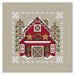A digital mockup of the cross stitch project featuring a decorated red barn surrounded by tall trees and a white snowflake border.