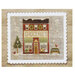 Cross-stitch of a small grocery shop with a tree, an eggs sign, and a scalloped white border.