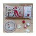 Photo with the finished patterns stitched onto a pillow on top of a wooden table.
