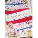 A colorful quilt featuring various patterns, including floral and geometric designs, with the name marcie nel stitched on it. A baby wearing a light pink shirt and a flower headband is sitting in front of the quilt. The bottom corner includes a logo for Shabby Fabrics.