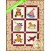 A colorful quilt design featuring six squares, each with a playful appliqué: a teddy bear, a sailboat, a clown on a rocking horse, a dog, a star, and a toy airplane, all set against a light-colored background with a decorative border. Includes a banner that says PDF Download in green and a logo for Shabby Fabrics in the bottom right corner.