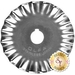 A round, stainless steel rotary cutter blade with a ruffled edge, labeled OLFA STAINLESS JAPAN, and featuring a central hole for attachment. A small logo from SHABBY FABRICS is also visible in the corner.