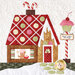 One of the house blocks in the Gingerbread Village quilt featuring a gingerbread house with a gingerbread man in the window with a large spoon and bowl next to a sign outside the house that says 