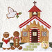 A whimsical fabric scene featuring a gingerbread house with a red roof and cross, flanked by two gingerbread figures—one dressed in white, holding a heart, and a gingerbread man. A dove with olive branches flies above, against a topquilted backdrop.