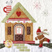 A whimsical quilted image featuring a gingerbread house with a green roof, red heart, and white polka dots. A gingerbread figure skates nearby, wearing a red hat and striped scarf. Decorative stars are scattered in the background.