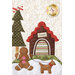 A colorful quilted scene featuring a gingerbread house with a sign labeled COOKIE, a gingerbread man, a small gingerbread dog, and a Christmas tree. The background is snowy, adding to the festive atmosphere. The design has playful patterns and textures.