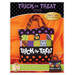 A colorful Trick or Treat tote bag design featuring polka dots and patchwork squares in various colors, with the text Trick or Treat prominently displayed. The background is orange with a decorative border.