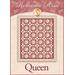 A decorative quilt pattern featuring a floral design in shades of pink and cream, framed by a dark red border. The title Queen is prominently displayed at the bottom, with the words Romantic Roses above.