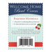 Label for Welcome Home Bowl Covers featuring required materials: 1 fat quarter each of 2 coordinating fabrics, and ½ inch elastic. Includes a decorative border with cherries and a barcode at the bottom.