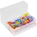 A clear plastic box filled with various colorful quilting clips, organized inside the container.