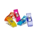 Five colorful sewing clips are arranged together. The clips are transparent in various shades, including orange, yellow, pink, blue, and teal.