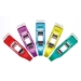 A collection of five colorful clips in red, purple, blue, green, and yellow arranged in a fan