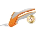 Ergonomic shears with a stainless steel blade, featuring a gray and orange grip and a logo in the corner.