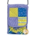 A small, quilted, rectangular bag with a purple and yellow patchwork design, featuring geometric patterns and a fold-over flap. The bag is worn with a long strap.