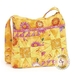 A yellow quilted bag featuring a star pattern with floral accents and a shoulder strap.