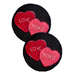 Two circular coasters made of black wool featuring two heart shapes. One heart is red with the word LOVE stitched in white, and the other is pink with the word XOXO stitched in white.