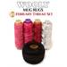 Image of a February thread set for Wooly Mug Rugs featuring five spools of thread: two shades of pink, purple, metallic silver, and a black ball of thread at the bottom. The title Wooly Mug Rugs February Thread Set is displayed above the spools.