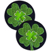 Two circular wool mats featuring a green four-leaf clover design on a black background.