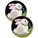 Two circular Mug Rugs featuring a sitting white rabbit with pink ears and a colorful collar, surrounded by grass and flowers, set against a black background.