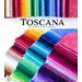 A collection of vibrant fabric swatches in various colors, including reds, blues, greens, and purples, arranged in a gradient. The top of the image features the text TOSCANA by Northcott Fabrics.