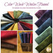 An assortment of flannel fabrics arranged in a circular pattern, showcasing various colors including reds, greens, blues, and purples. Additional stacks of fabric are displayed in square images at the bottom, featuring more colors. The text at the top indicates that these are Color Wash Woolies Flannel by Bonnie Sullivan for Maywood Studio.