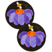 Two circular wool mats featuring a purple flower with an orange center and a small yellow bee flying above. The background of the mat is black, and the flowers are illustrated with a soft, textured appearance.