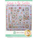 A colorful quilt pattern titled Gossip in the Garden features various floral and garden-themed blocks arranged in a patchwork design, with a decorative border. The quilt design is presented by Hatched and Patched and is available from Shabby Fabrics.