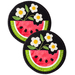 Two round wool mats featuring a watermelon with flowers on a black background. The watermelon slice has a green rind and pink flesh with black seeds, while the flowers are white with yellow centers and green leaves.