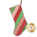 A Christmas stocking decorated with various patterned fabric in red, green, and white, featuring stripes and festive designs.