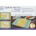 Image of a quilt project kit titled Quilt As You Go Placemat, featuring instructions to cut fabric, sew by number, and complete a placemat in 11 seams. Includes a visual of a finished placemat in yellow and turquoise with floral designs, along with details about the product materials and approximate size. The kit contains a set of six placemats made from pre-printed batting.