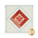 A geometric quilt block design featuring a central diamond shape made of various fabric textures and patterns in shades of red and beige, surrounded by a cream background with blue outline numbers.