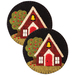 A pair of circular coasters featuring a red house with a bell, set against a black background. Each house is surrounded by a green tree with red apples.