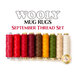 A collection of ten spools of thread in various colors, arranged in a row. The colors include red, burgundy, brown, yellow, green, and beige. The text above reads WOOLY MUG RUGS and SEPTEMBER THREAD SET.