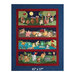 A colorful quilt featuring three panels of playful animal scenes with trees and a moonlit background.