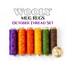 Image shows a collection of six spools of thread arranged in a row, featuring colors of purple, orange, yellow, green, and brown, with the text WOOLY MUG RUGS and October Thread Set above. A logo for Shabby Fabrics is located in the bottom right corner.